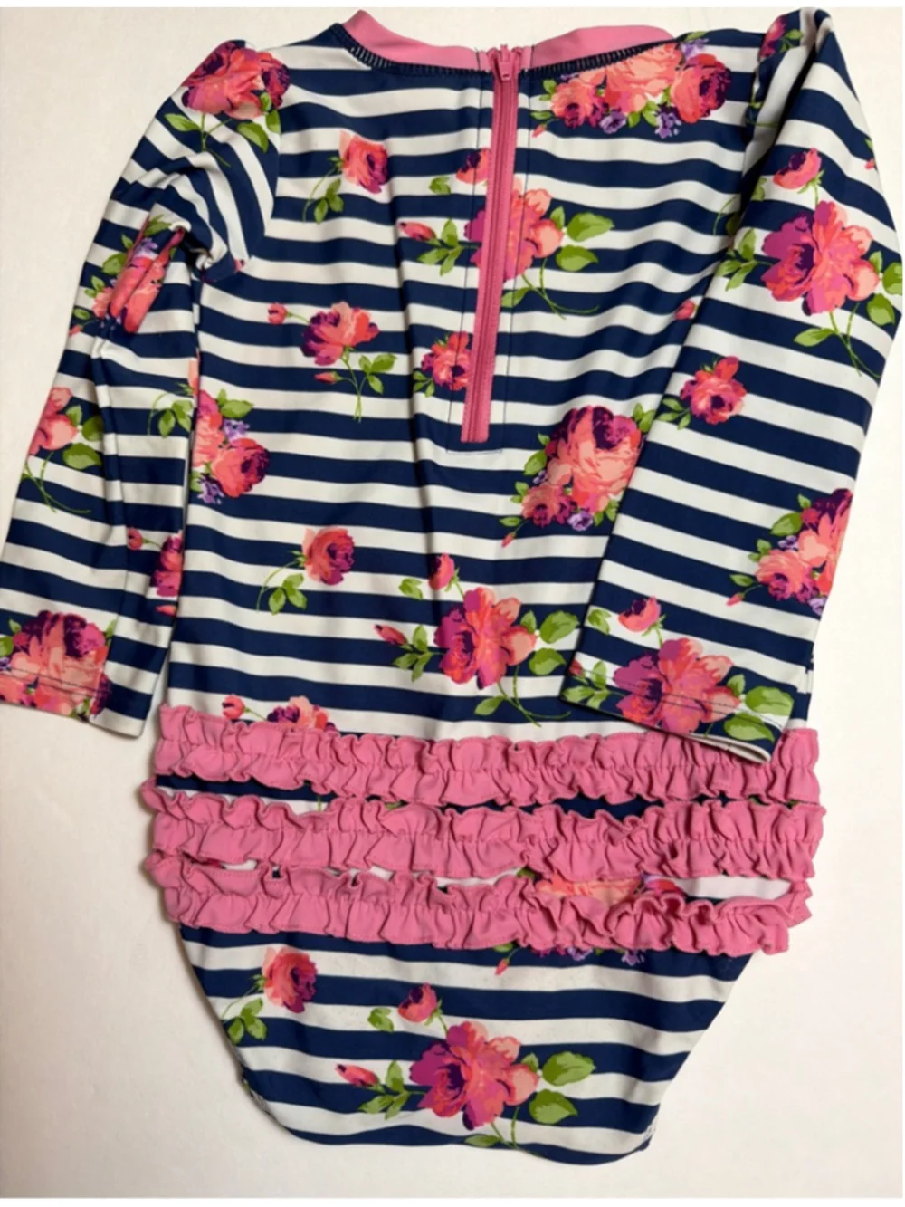 Girls Ruffle Butts Rashguard 2T Long Sleeve Navy Pink Striped Floral Swimsuit